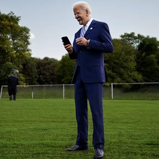 Prompt: joe biden standing on a grass field whilest presenting a phone and screaming directly into the camera.