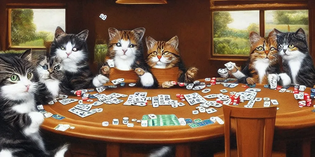 Prompt: cats playing poker, hyper realistic