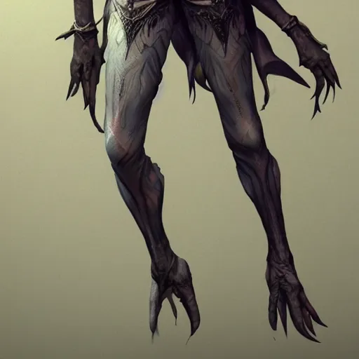 Image similar to female elf, tree person, dynamic pose, elongated legs, long fingers, talons, terrifying, dark, fog, artstation
