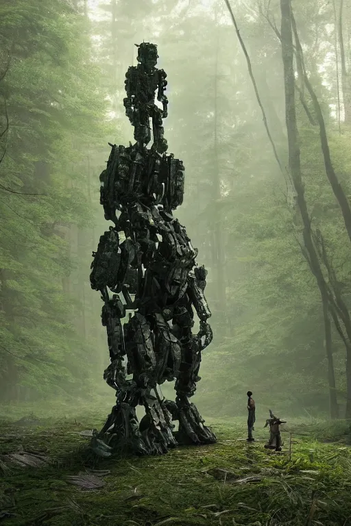 Image similar to A robot statue in the middle of a forest taken back by nature by Greg Rutkowski, Sung Choi, Mitchell Mohrhauser, Maciej Kuciara, Johnson Ting, Maxim Verehin, Peter Konig, final fantasy , 8k photorealistic, cinematic lighting, HD, high details, atmospheric,