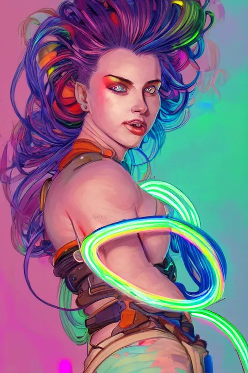 Image similar to a award winning portrait of a beautiful woman with stunning eyes in a one off shoulder croptop and cargo pants with rainbow colored hair, outlined by whirling illuminated neon lines and fine lines swirling in circles by jesper ejsing, digital art, trending on artstation