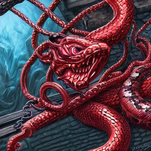 Image similar to hybrid snake, dark angel, demon, satan, red eyes, chain, handcuffs, large chain, wide open mouth, scream, cruelty, light effect, hyper detailed, intricate, elegant, highly detailed, digital painting, artstation, concept art, matte, sharp focus, illustration, by dan mumford, yusuke murata, makoto shinkai, ross tran