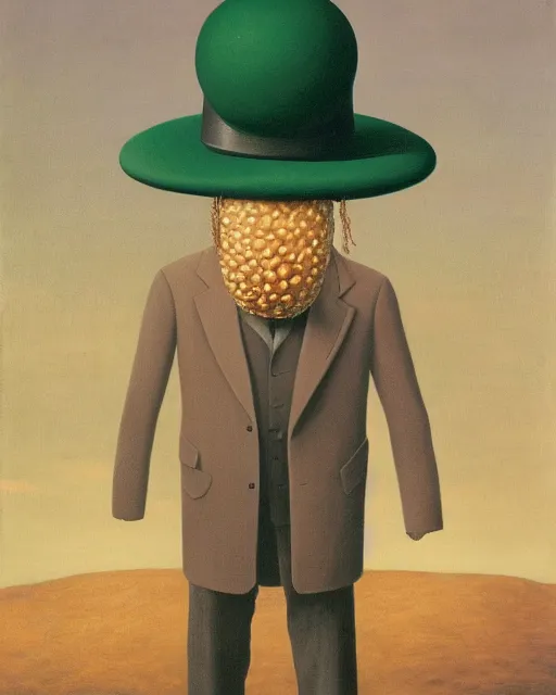 Image similar to a man with a kiwifruit covering his face, wearing a bowler hat and overcoat, standing in front of the post-apocalypse, oil on canvas, by René Magritte