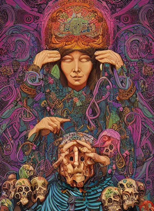 Prompt: the oracle of ancient wisdom surrounded by floral skulls, italian futurism, da vinci, dan mumford, josan gonzalez