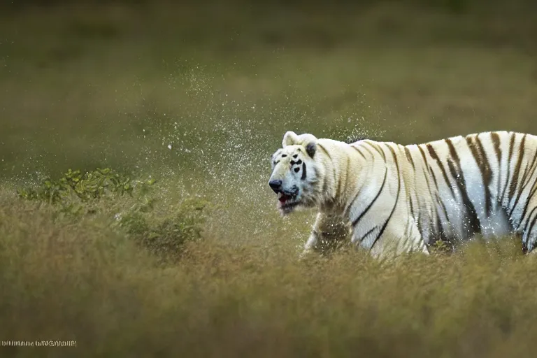 Image similar to a tiger polar bear!!! hybrid! hyper realistic!! realistic lighting!! wildlife photographer of the year!!! bold natural colors, national geographic, hd, wide angle, 8 k