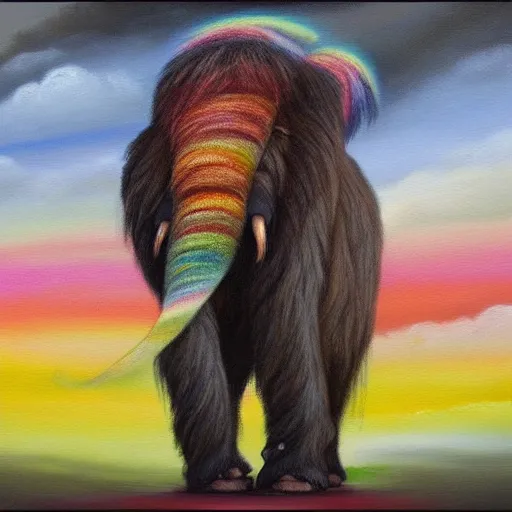 Image similar to wooly mammoth with long fluffy rainbow colored fur detailed oil painting 4k