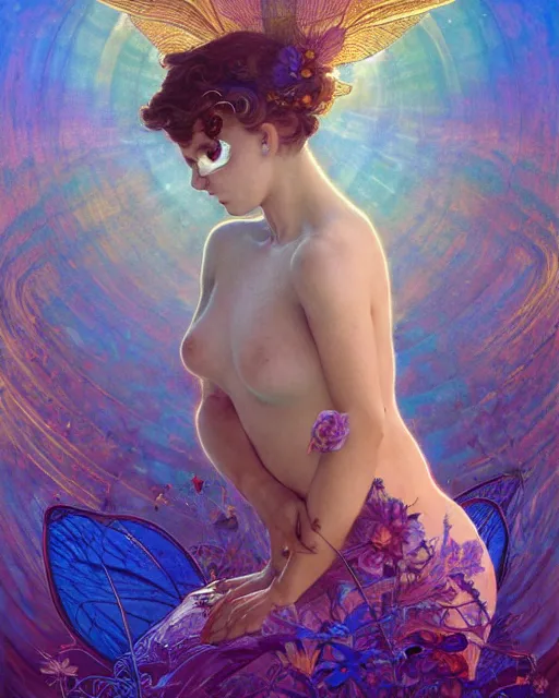 Image similar to a beautiful fairy in a morning dreamland, full body, coherent design, symmetrical, vivid color, complementary color, golden ratio, detailed, sharp lines, intricate, rainbowshift, by james gurney, by peter mohrbacher, by alphonse mucha, by maxfield parrish, by karol bak, waterhouse, by james gurney, octane render