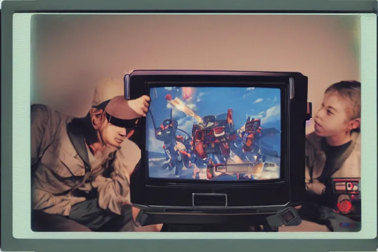 Prompt: polaroid photo of me and the boys watching an old retro Trinitron TV showing gundam fighting a Zaku-II with an axe, in the dark living room, lights off, 90s nostalgia, wide view, fish eye lens, vhs , scanlines, 8k, hd, high resolution