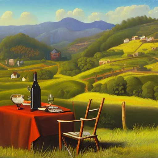 Prompt: warm country landscape in the style of toussaint, with a small table with a bottle of wine and glass in foreground