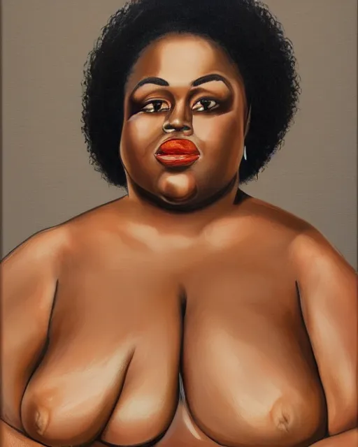 Image similar to upper body portrait of a gorgeous black woman, obese, muscular, wearing bikini. oil on canvas, black oil bath, illustration. beautiful face!!!