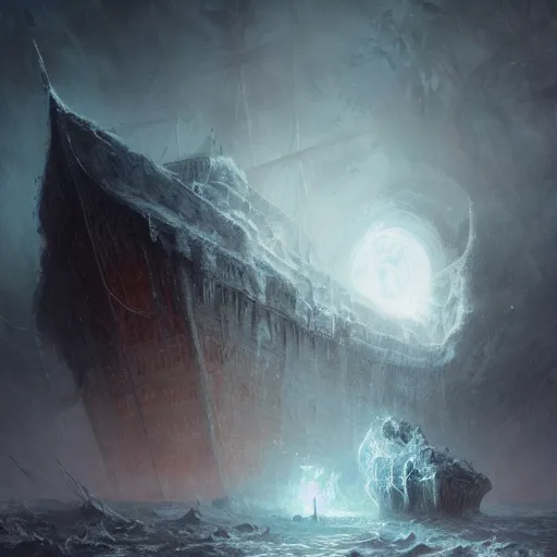 Prompt: ghost ship in hell, cold, icey white lightning, big frozen monstrocity Cthulhu in the background, hyperdetailed, artstation, cgsociety, by greg rutkowski, by Gustave Dore