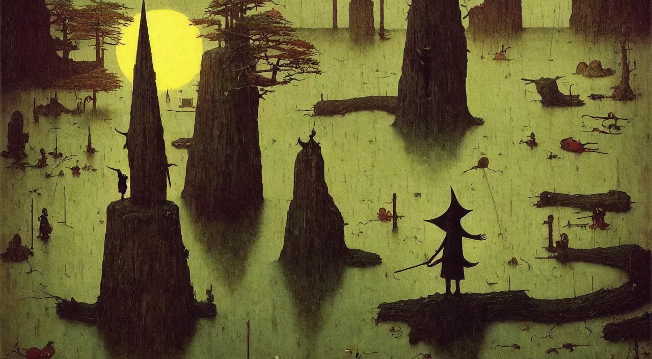 Image similar to single flooded simple!! wooden totem!! pole, very coherent and colorful high contrast masterpiece by norman rockwell franz sedlacek hieronymus bosch dean ellis simon stalenhag rene magritte gediminas pranckevicius, dark shadows, sunny day, hard lighting