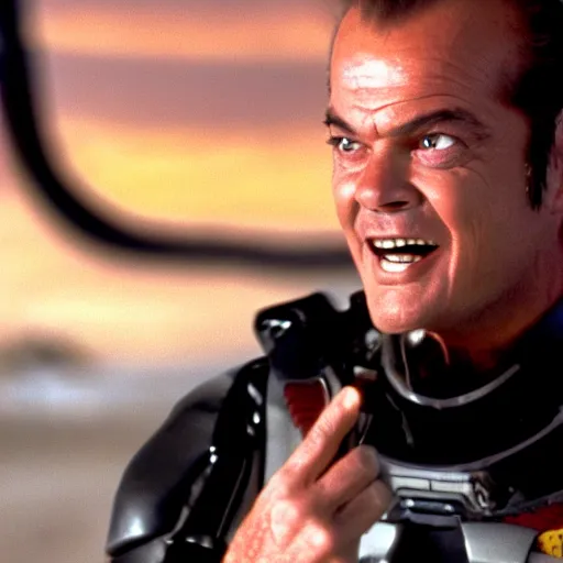 Image similar to jack nicholson in a still from starship troopers, cinematic, widescreen