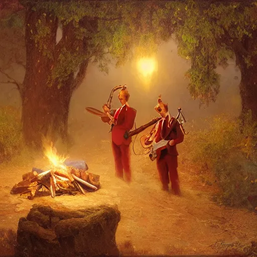 Prompt: three cute caracals wearing red bows or ties, acoustic guitar, campfire, night, atmospheric lighting, intricate, volumetric lighting, digital art, highly detailed by gaston bussiere, craig mullins, j. c. leyendecker 8 k