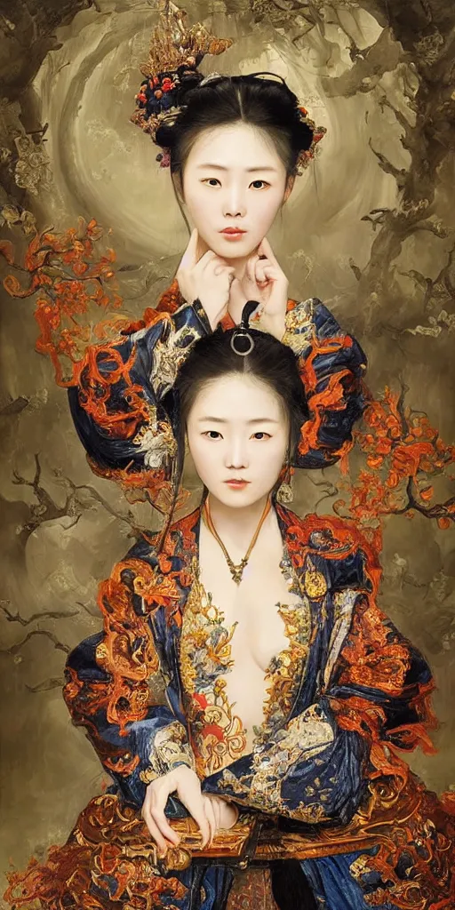 Prompt: Highly detailed and cinematic romantic period oil painting of the Chinese pirate queen Zheng Yi Sao, strong atmosphere, oil painting masterpiece by Josep Tapiró Baró, symmetry, fractals