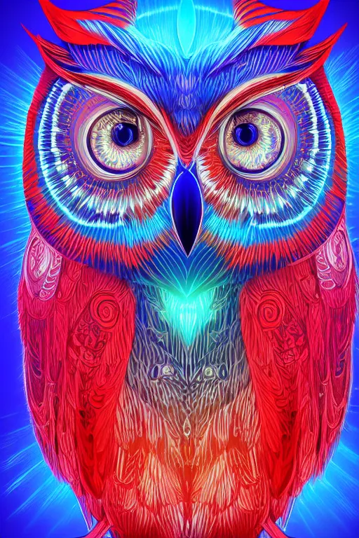 Image similar to glowing owl, blue and red colours, highly detailed, digital art, sharp focus, trending on art station