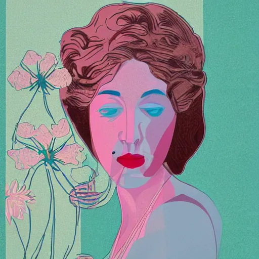 Image similar to a lot of flowers morphing in a beautiful girls face, film still by wes anderson, depicted by mackintosh, limited color palette, very intricate, art nouveau, highly detailed, lights by hopper, soft pastel colors, minimalist