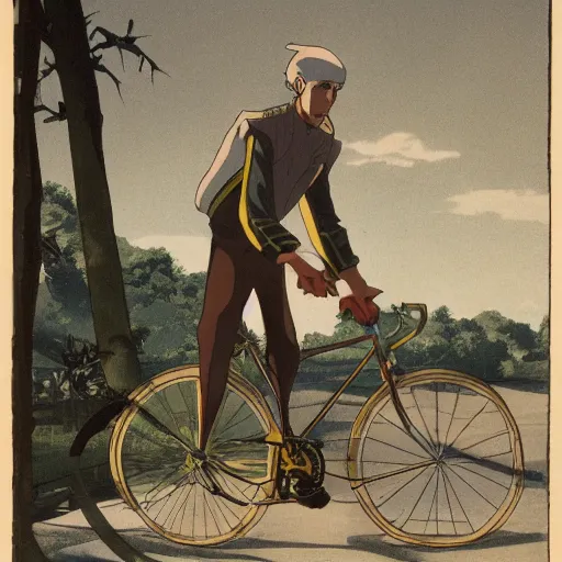 Prompt: a man riding a bike, anime, studio ghibili