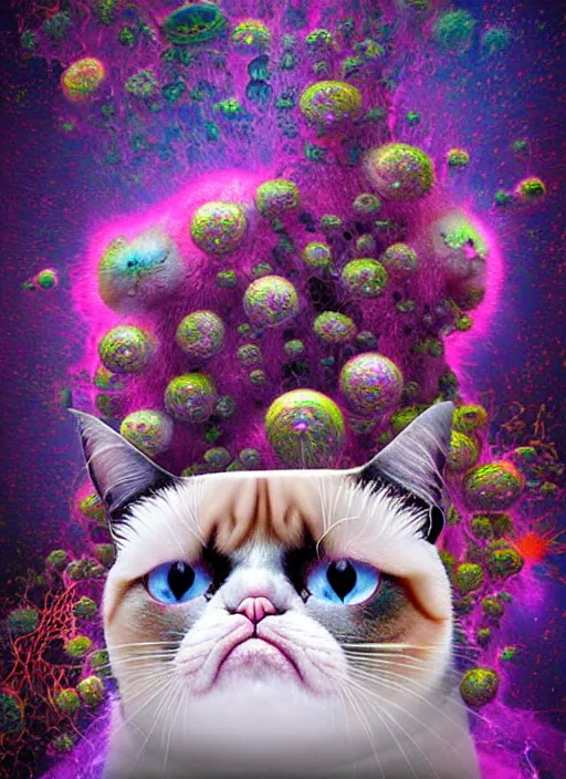 Image similar to hyper detailed 3d render like a Oil painting - kawaii action portrait Aurora (happy grumpycat) seen Eating of the Strangling network of yellowcake aerochrome and milky Fruit and His delicate Hands hold of gossamer polyp blossoms bring iridescent fungal flowers whose spores black the foolish stars by Jacek Yerka, Mariusz Lewandowski, Houdini algorithmic generative render, Abstract brush strokes, Masterpiece, Edward Hopper and James Gilleard, Zdzislaw Beksinski, Mark Ryden, Wolfgang Lettl, hints of Yayoi Kasuma, octane render, 8k