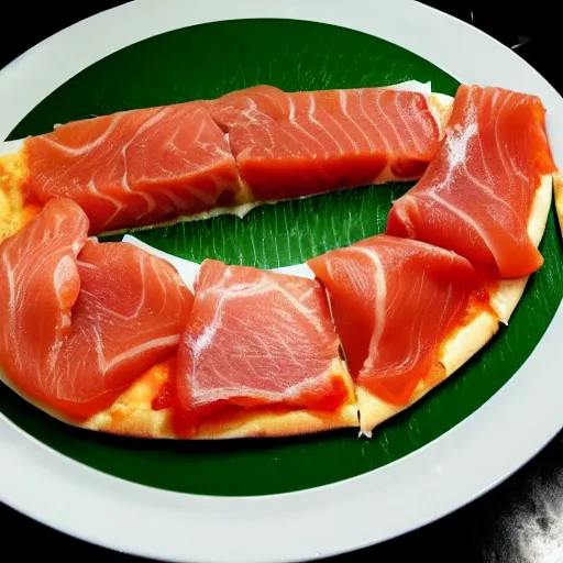 Prompt: Raw salmon + raw beef + raw pork + raw eggs + raw beans + squished pizza