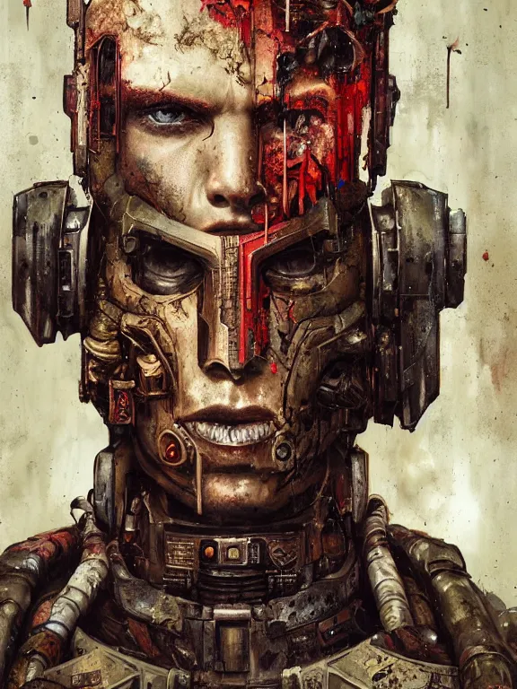 Image similar to art portrait of a space marine, decaying, rusting,8k,by tristan eaton,Stanley Artgermm,Tom Bagshaw,Greg Rutkowski,Carne Griffiths,trending on DeviantArt,face enhance,hyper detailed,minimalist,cybernetic, android, blade runner,full of colour,