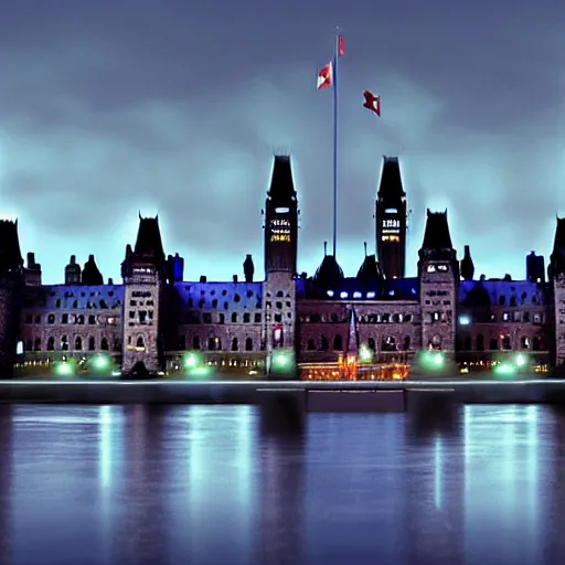 Prompt: Canadian Parliament building in Ottawa if it was cyberpunk, photorealistic