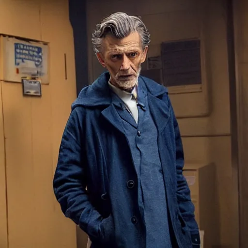 Image similar to tom holland as a rough dirty old man with a scruffy beard in a dark blue trenchcoat as the new doctor who, cinematic, volumetric lighting, f 8 aperture, cinematic eastman 5 3 8 4 film, photorealistic