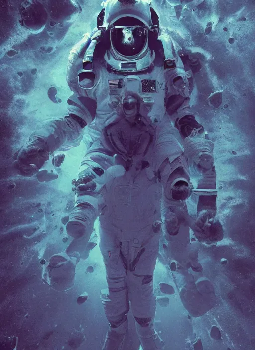 Image similar to astronauts in dark and empty void underwater - complex and hyperdetailed technical suit. reflection and dispersion materials. rays and dispersion of light. volumetric light. 5 0 mm, f / 3 2. noise film photo. flash photography. ultra realistic, wide angle. poster by wayne barlowe, hajime sorayama aaron horkey, craig mullins