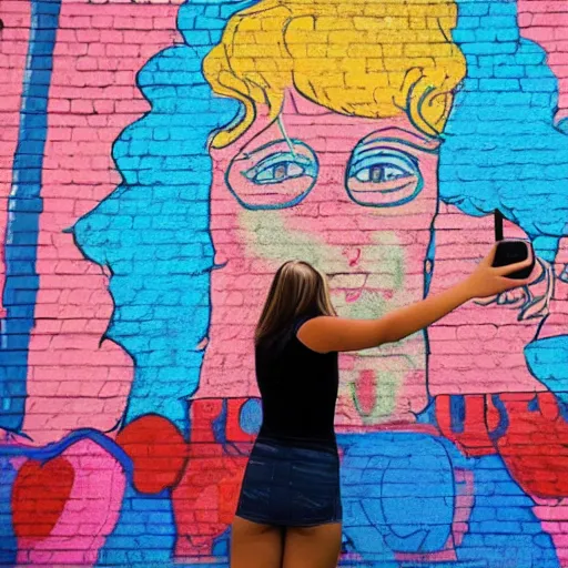 Image similar to A girl taking a selfie in front of a giant mural that says 'Back to Reality'