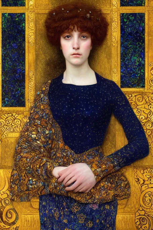 Image similar to Portrait of a Beautiful sad female, elegant, digital painting, Pre-Raphaelites, highly detailed, concept art, smooth, sharp focus, gold and indigo, illustration, art by Klimt .