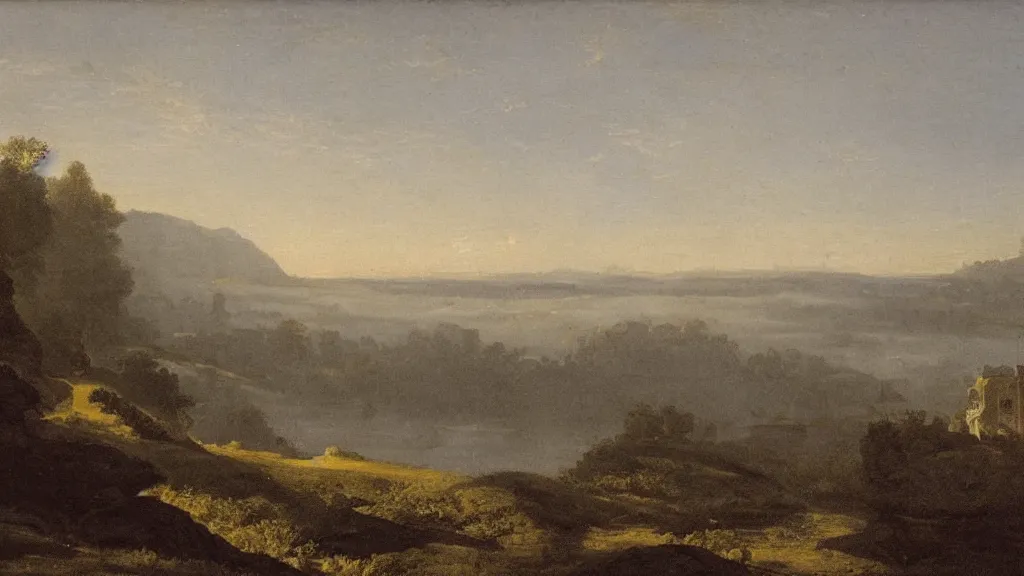 Prompt: so the sun set. i forgot to mention that a belt of mist lay between my hill and other hills, and that it was the color of pearl, claude lorrain