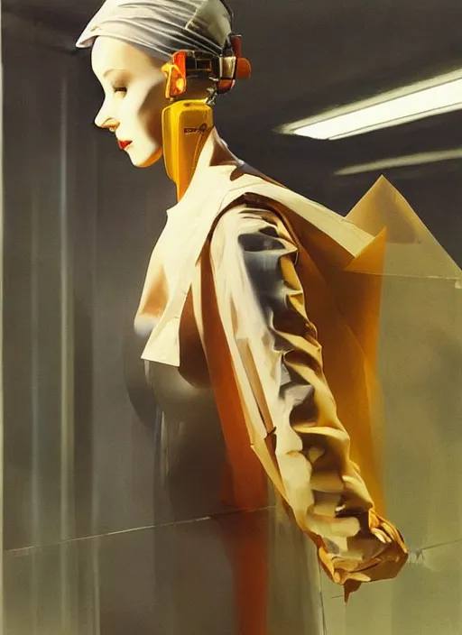 Prompt: beautiful cyberpunk woman in a translucent bomber jacket made from plastic bag with paper bags for clothes standing inside paper bags with paper bag over the head at store display Edward Hopper and James Gilleard, Zdzislaw Beksinski, highly detailed