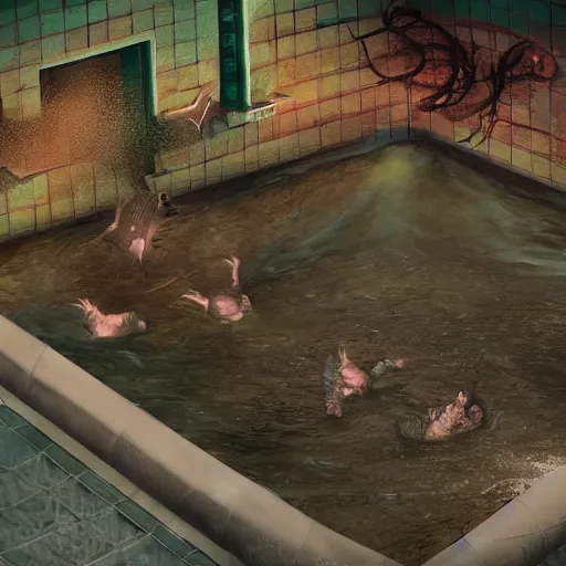 Image similar to photo, two ugly old men fight rat monsters 5 3 8 2 8 inside a swimming pool, highly detailed, scary, volumetric lighting