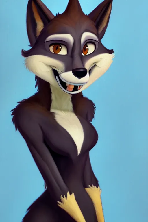 Image similar to oil painting of anthromorphic female wolf, in style of zootopia, female fursona, furry, furaffinity, 4 k, deviantart, furry art, fursona art, wearing black business suit, business suit, wolf fursona, female, very expressive detailed feminine face,