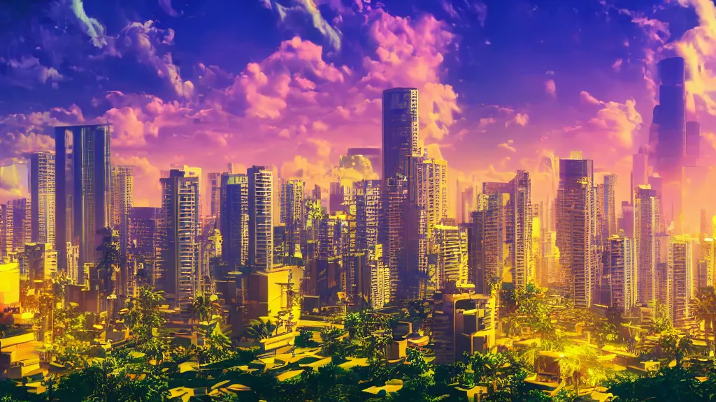 Image similar to golden city in a vaporwave jungle, 4k, ultra realistic, award winning photograph