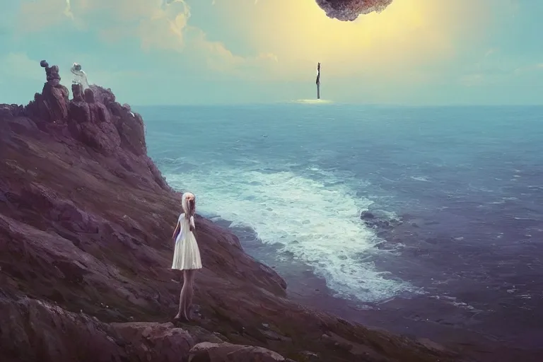 Image similar to giant white daisy flower under the head, girl standing on cliff, surreal photography, solar eclipse, milky way, dramatic light, impressionist painting, clouds, digital painting, artstation, james gilleard, liam wong, jeremy mann, simon stalenhag