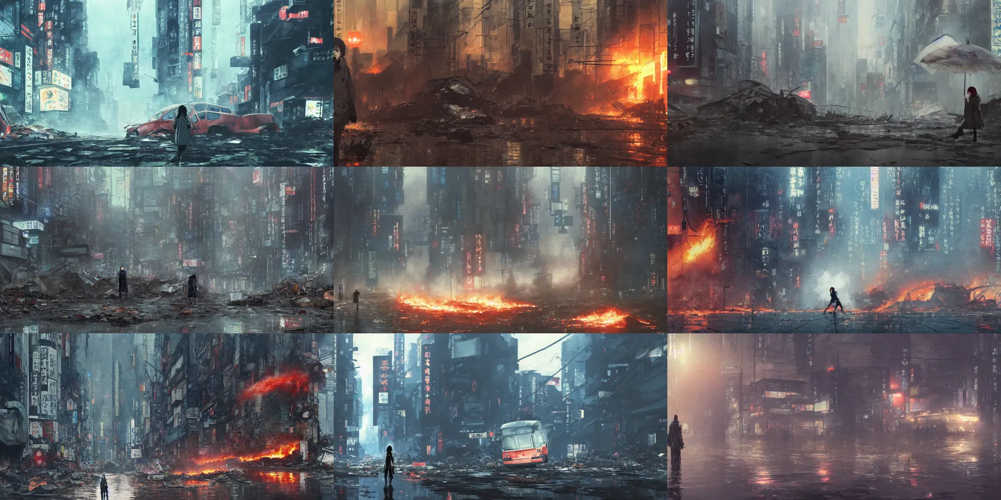 Prompt: incredible wide screenshot, ultrawide, simple water color, paper texture, katsuhiro otomo ghost in the shell anime movie scene, backlit death defying action shot girl in parka, wet dark road, parasol in deserted junk pile shinjuku,, earthquake destruction, reflection, thick fog, smoke, destroyed robots, blazing fire, burning bus crash inferno