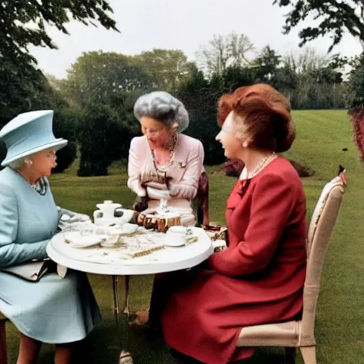 Image similar to photo of queen elizabeth having tea with a caveman