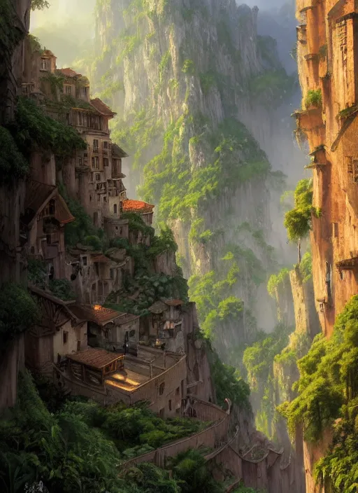 Image similar to medieval city built on terraces in a gigantic canyon, lots of buildings connected by suspension bridges, waterfalls, warm glow coming the ground, lush vegetation, pitchblack sky, extremly detailed digital painting, in the style andreas rocha and greg rutkowski and peter mohrbacher, rim light, beautiful lighting, 8 k, stunning scene, octane, trending on artstation