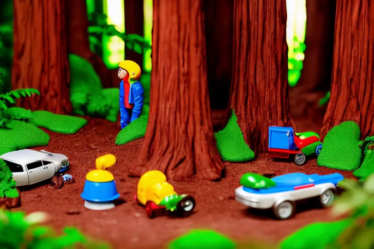 Image similar to fisher price redwood forest, california scene from tv show hyper detailed 5 5 mm 8 5 mm, toy photography, made out of plastic