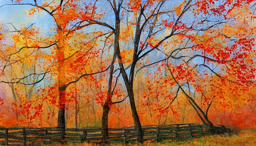 Image similar to maple trees, autumn, new jersey, northwest, farm, high quality, high detail, warm light, watercolor
