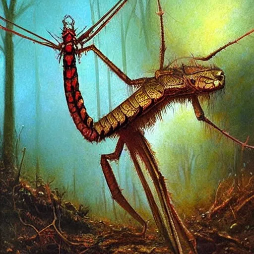 Prompt: antropromorphic stick insect, stick insect standing and talking like a human being, fantasy concept art, painting by Bob Eggleton