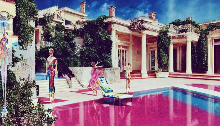 Image similar to 1 9 8 8 italia vogue magazine photo of a mansion, christian dior archi style, mediterranean beach background, refracted lines and sparkles, flash photography, major arcana sky and occult symbols