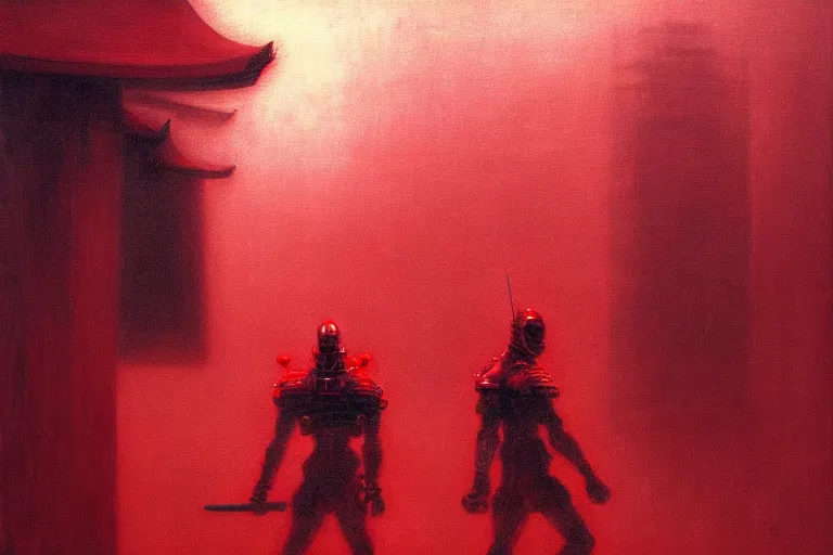 Image similar to only with red, a red cyborg samurai, tokio futuristic in background, some evil yokai fight, in the style of beksinski, parts by edward hopper, parts by rodcenko, parts by yue minjun, intricate and epic composition, red by caravaggio, insanely quality, highly detailed, masterpiece, red light, artstation, 4 k