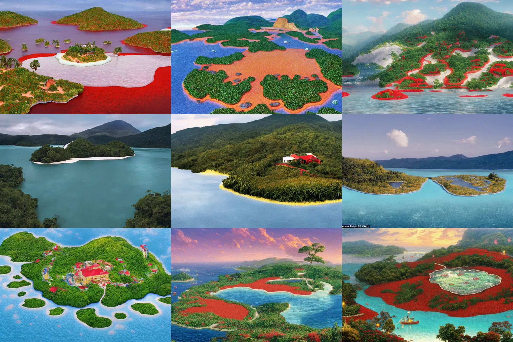 Prompt: an island made of red caviar, in the center of this island there are several long hills made of white ice cream, the water around this island is made of coca - cola ( dark brown water ), the photo was taken from a boat, lemon slices float on the water, an island without grass, by thomas kinkade