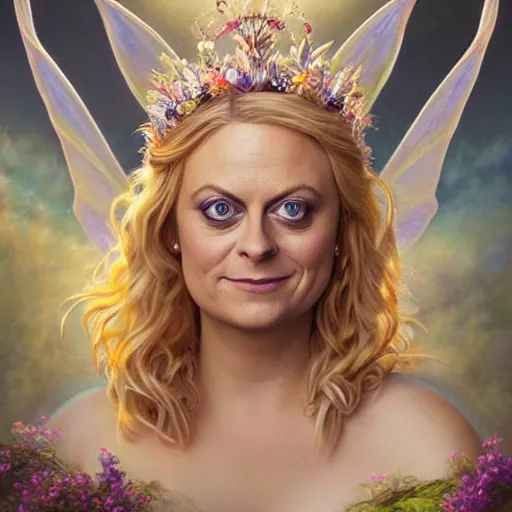 Prompt: upper body portrait shot of amy poehler as titania, summer queen. faerie queen. queen of light., highly detailed, digital painting, artstation, concept art, soft focus, depth of field, artgerm, tomasz alen kopera, peter mohrbacher, donato giancola, wlop, boris vallejo