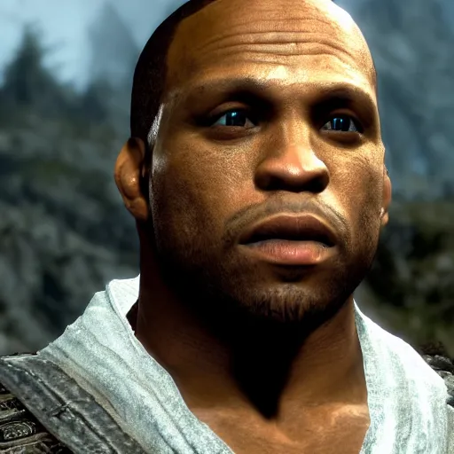 Image similar to character screenshot of ufc commentator daniel cormier dc in skyrim, npc talking, wilderness, 1 0 8 0 p, bokeh, elder scrolls v, detailed, dialog text