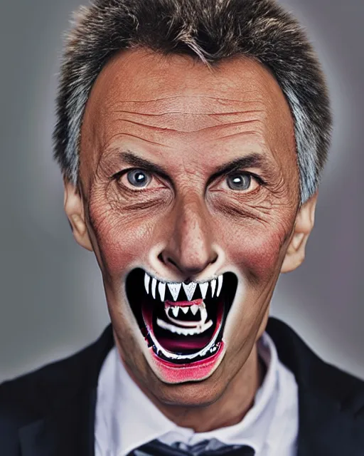 Image similar to angry Mauricio Macri showing teeth in Elaborate Cat Man Makeup and prosthetics designed by Rick Baker, Hyperreal, Head Shots Photographed in the Style of Annie Leibovitz, Studio Lighting