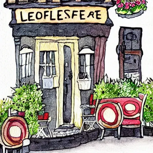 Image similar to beautiful cute cozy very little cafe on a cobblestone street, cute cartoon, low detail, white background, watercolor, 4 colors!!!