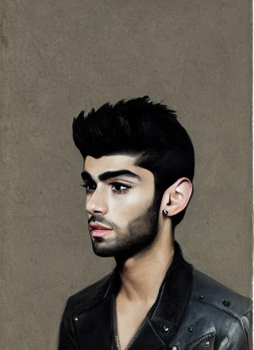 Image similar to portrait of zayn malik as an elf by turner, only one head single portrait, pointy ears, wearing a black leather collared jacket